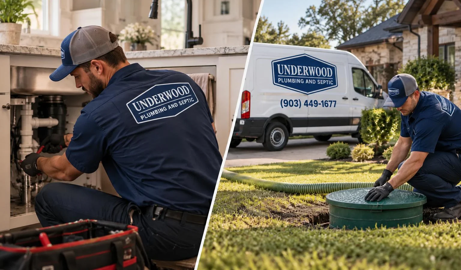 Underwood plumber under a sink and septic tech at a tank lid