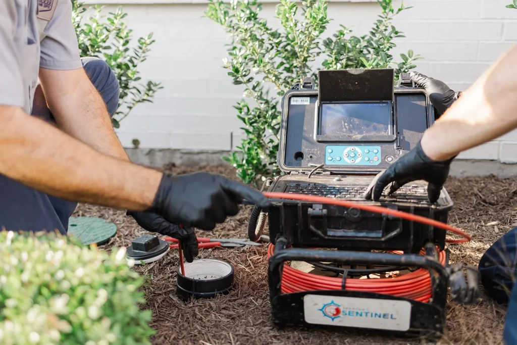 Plumber checking a sewer camera monitor during an inspection